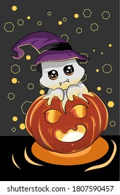 A illustration of cute little ghost wearing witch hat on halloween pumpkin