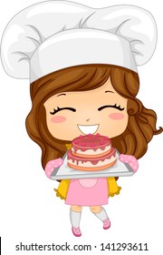 Illustration Of Cute Little Girl Baking A Cake