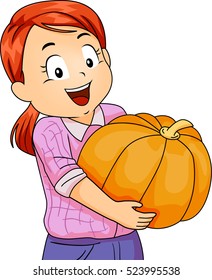 Illustration of a Cute Little Girl Carrying a Large Pumpkin with a Huge Smile on Her Face