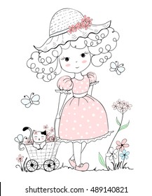 illustration with cute little girl and cat, flowers, butterfly. In pastel color