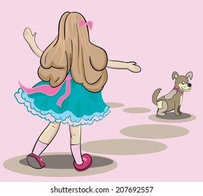 Illustration of cute little girl with dog in street. Vector illustration 