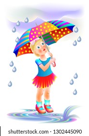 Illustration of cute little girl hiding from rain under umbrella. Book cover for children fairy tale. Vector cartoon image.