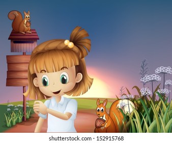 Illustration of a cute little girl at the hilltop with squirrels and empty signboards