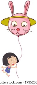 Illustration of a cute little girl holding a bunny balloon on a white background