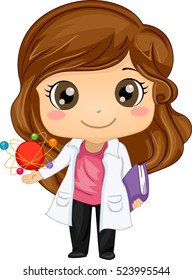 Illustration of a Cute Little Girl in a Laboratory Coat Holding a Book in One Hand and an Atomic Model in the Other