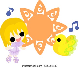 Illustration of a cute little girl and a mysterious bird