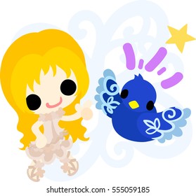 Illustration of a cute little girl and a mysterious bird