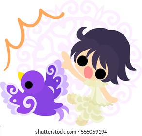 Illustration of a cute little girl and a mysterious bird