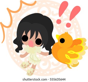 Illustration of a cute little girl and a mysterious bird