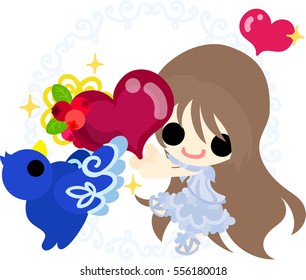 Illustration of a cute little girl and a mysterious bird