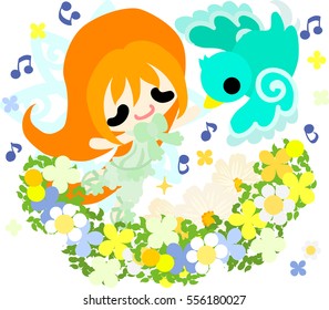 Illustration of a cute little girl and a mysterious bird