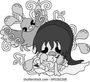 Illustration of a cute little girl and a mysterious bird
