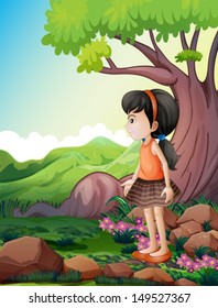 Illustration of a cute little girl near the giant tree