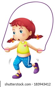 Illustration of a cute little girl playing skipping rope on a white background