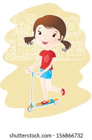 Illustration of a cute little girl and scooter 