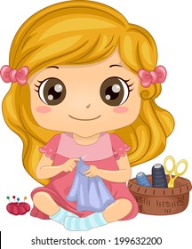 Illustration of a Cute Little Girl Sewing a Piece of Fabric