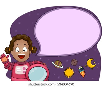 Illustration of a Cute Little Girl in a Spacesuit Sending Her Greetings from the Outer Space