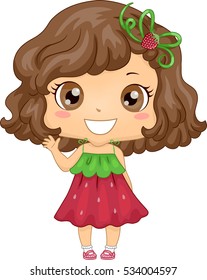 Illustration of a Cute Little Girl in a Strawberry Themed Dress Waving Her Hand