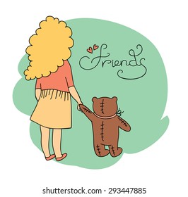 Illustration of cute little girl and teddy, Template for design and decoration greeting cards, invitations