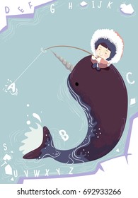 Illustration of a Cute Little Girl in a Thick Parka Ice Fishing While Sitting on the Back of a Narwhal