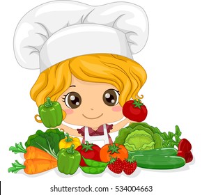 Illustration of a Cute Little Girl in a Toque Presenting Freshly Picked Vegetables