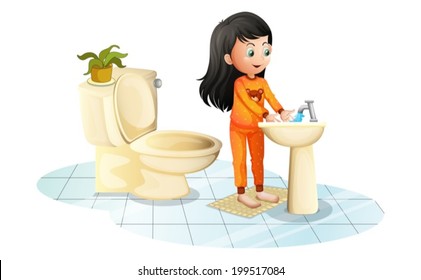 Illustration of a cute little girl washing her hands on a white background