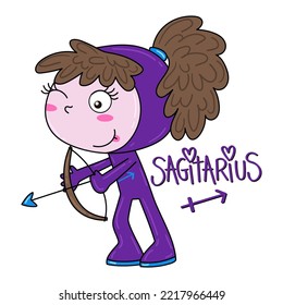 Illustration of a cute little girls dressed as a sagittarius zodiac sign