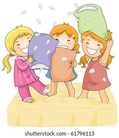 Illustration of Cute Little Girls Having a Pillow Fight - Vector