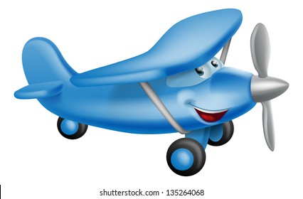 An illustration of a cute little happy cartoon blue prop airplane character