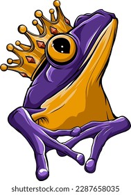 Illustration of a cute little happy frog prince with a crown isolated on white background. vector digital hand draw