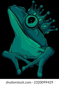 Illustration of a cute little happy frog prince with a crown isolated on black background