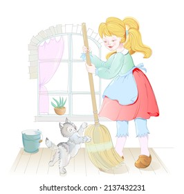 Illustration of cute little hardworking girl sweeping the floor. Kids labor at home. House cleaning work. Picture for children book. Vector cartoon image.