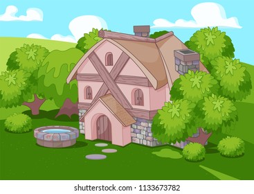 Illustration of cute little house on green landscape 