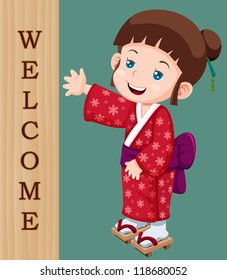 illustration of Cute little japanese girl with Welcome sign