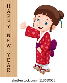 illustration of Cute little japanese girl with Happy New Year sign