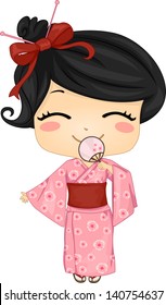 Illustration Of Cute Little Japanese Girl Wearing Traditonal Costume