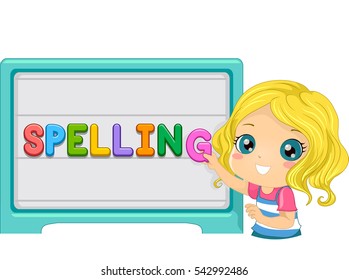 Illustration of a Cute Little Kid Arranging Letters on a Magnetic Board to Form the Word Spelling