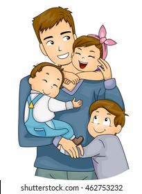 Illustration of Cute Little Kids Hugging Their Father