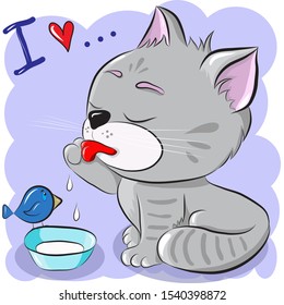 
Illustration of a cute little kitten with a plate of milk and with a little bird. Print for clothes or a nursery