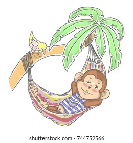 Illustration with cute little monkey in hammock on palm. Can be used for baby t-shirt print, fashion print design, kids wear, baby shower celebration greeting and invitation card.