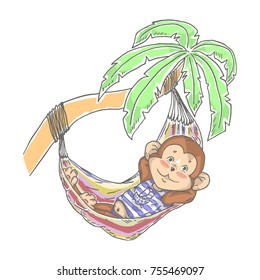 Illustration with cute little monkey in hammock on palm. Can be used for baby t-shirt print, fashion print design, kids wear, baby shower celebration greeting and invitation card.