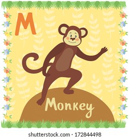 Illustration of cute little monkey on the background with floral elements. Vector card of animal alphabet