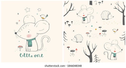 illustration of cute little mouse with seamless pattern. Hand drawn vector illustration.