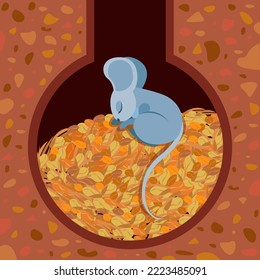 Illustration with a cute little mouse sleeping in a mink on a mountain of grain. Stylized vector mouse in a house underground