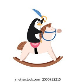 An illustration of a cute little penguin riding a rocking horse. An adorable bird with a sword in its hand. Fun winter character.
