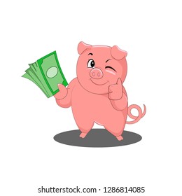 Illustration of a cute little pig keeps a stack of money
