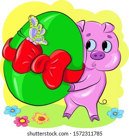 Illustration of a cute little piglet with easter egg, butterfly, bow, and flowers.  