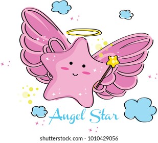 Illustration of Cute little pink angel star fairy in fly