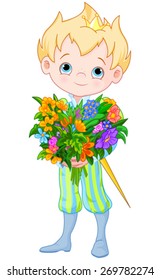 Illustration of Cute Little Prince Holds bouquet of flowers