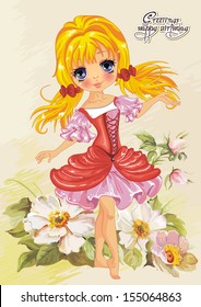 Illustration of cute little princess on floral summer background. Greeting postcard with Adorable elf girl.